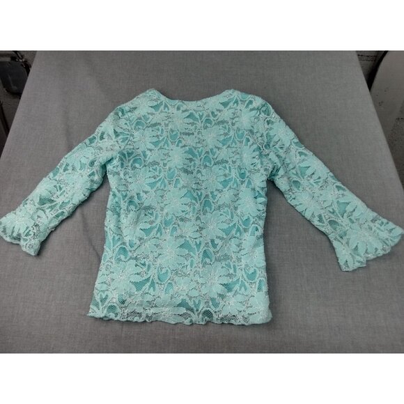 Dressbarn Women's Blue Floral Sheer Overlay 3/4 Bell Sleeve Scoop Neck Blouse M - Picture 6 of 6